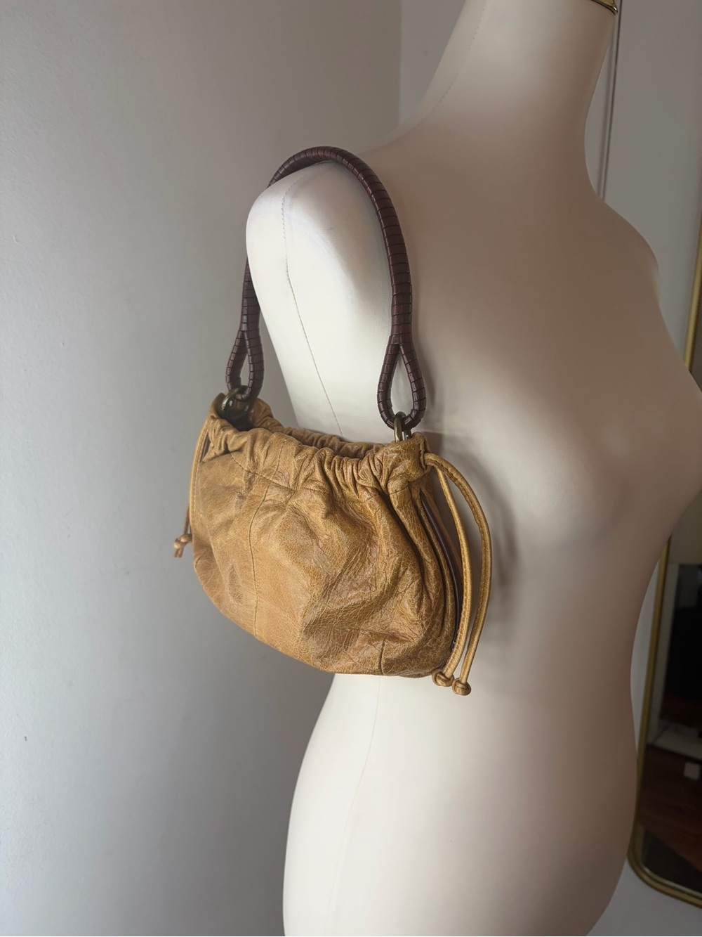 Vintage Fossil Leather Brown Mini Shoulder Bag with Dark Brown textured strap